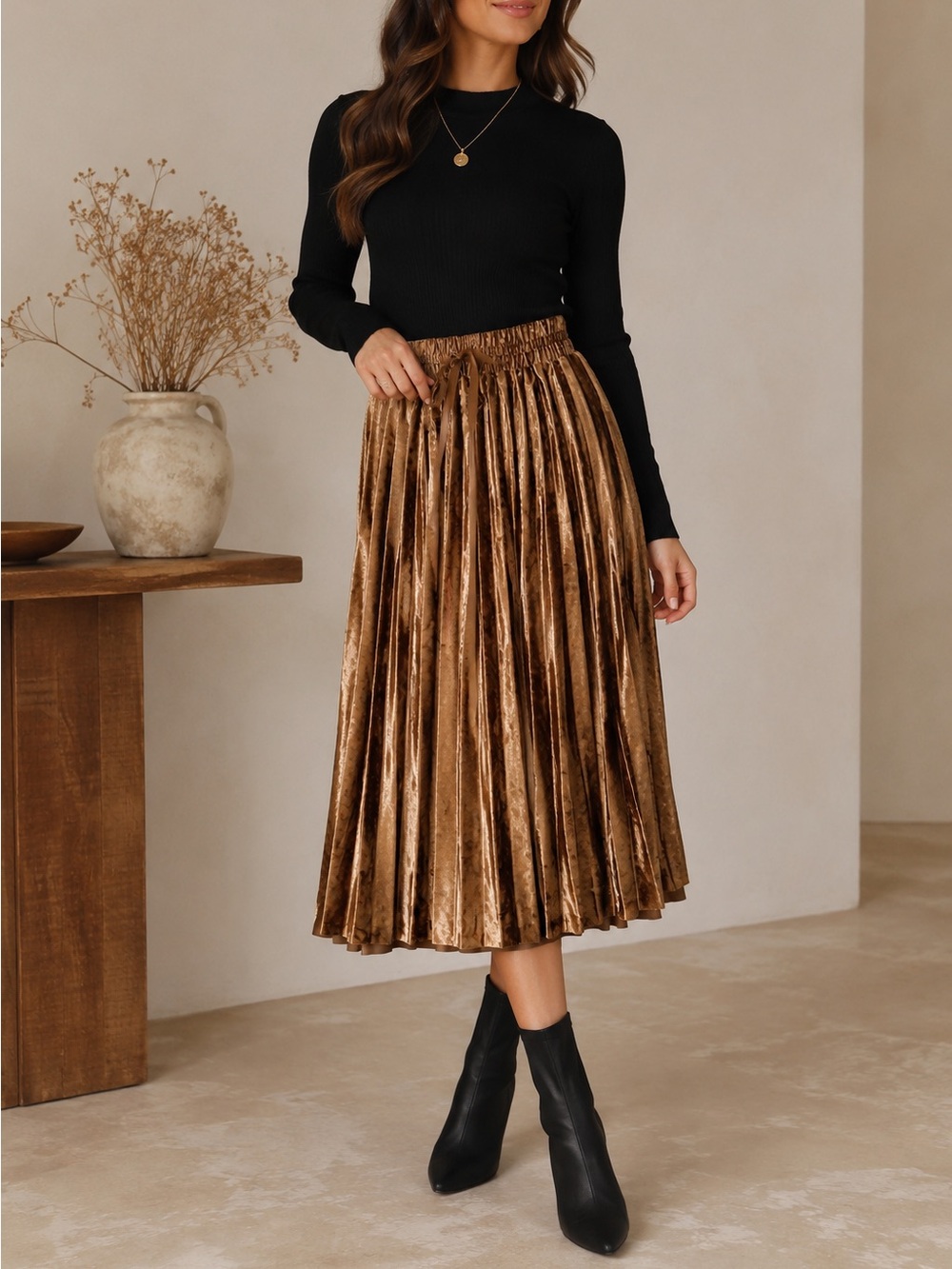 Velvet Pleated Midi Skirt – Size Small – Excellent Condition